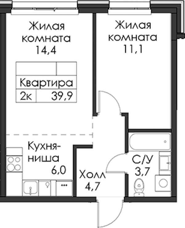 1-комнатная квартира 39.9 м², 1/12 эт., ЖК «Шкиперский 19»